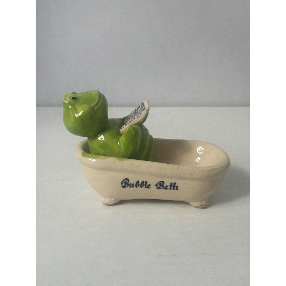 Vintage Ceramic Frog in Bathtub Soap Dish Reading Wall Street Journal Newspaper